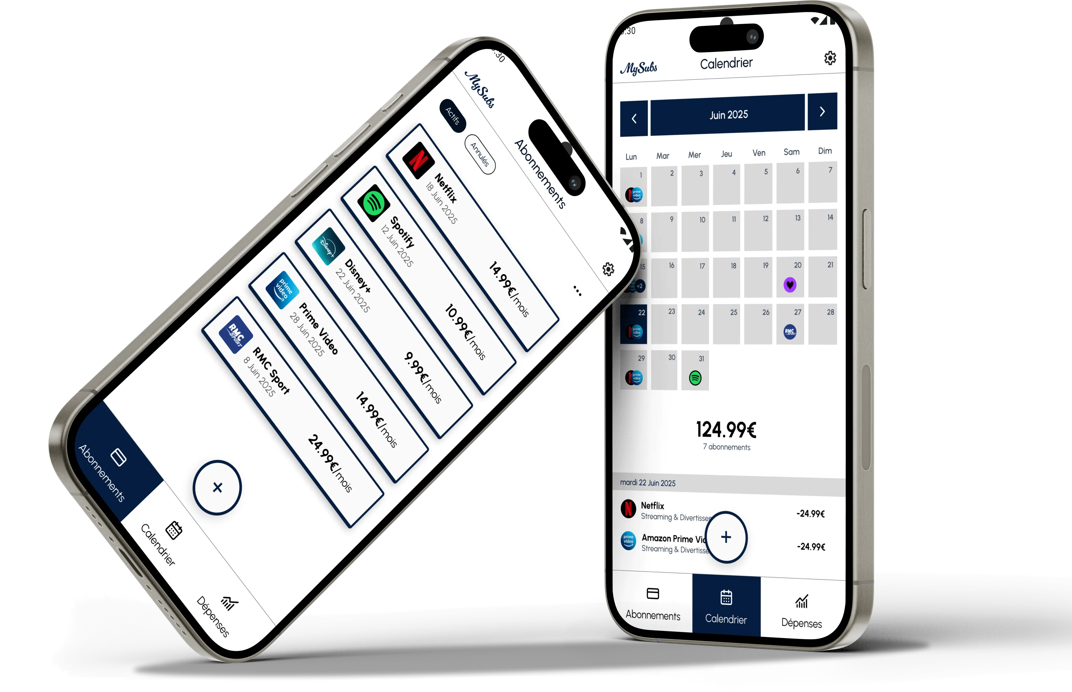 Interface de l'application MySubs affichant le tableau de bord de gestion d'abonnements avec calendrier et statistiques