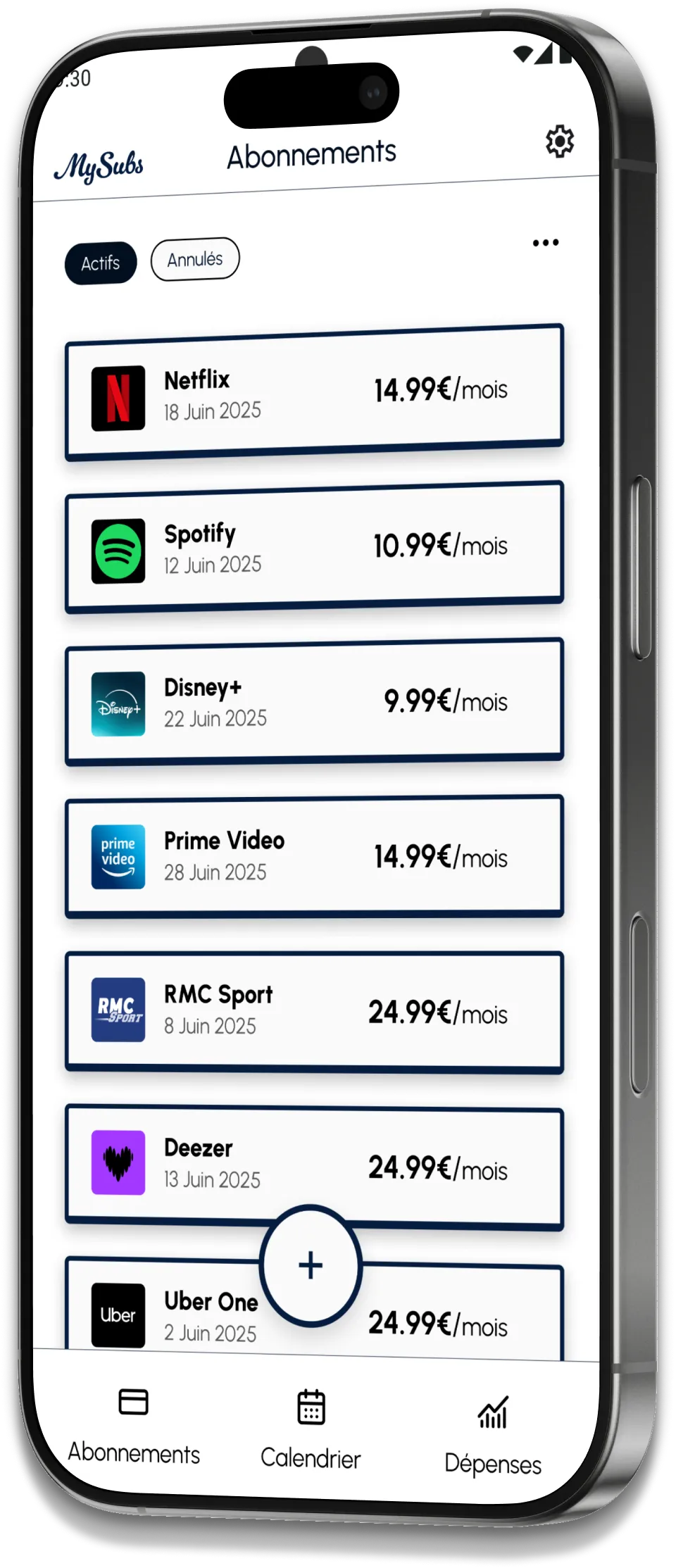 Écran d'ajout d'abonnements dans MySubs